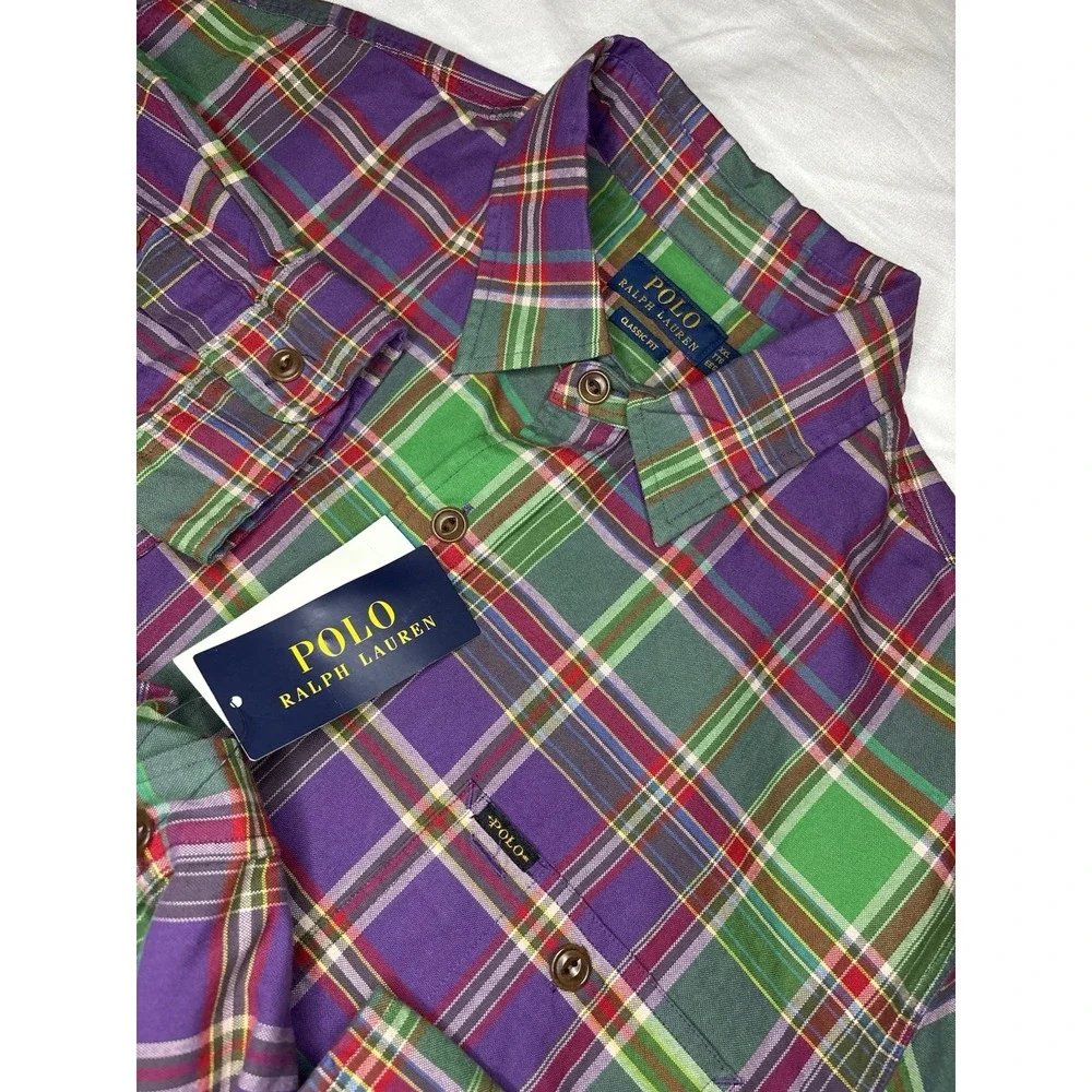 Polo Ralph Lauren Oxford Button Down Long Sleeve Shirt Plaid Purple 2XL NWT $125